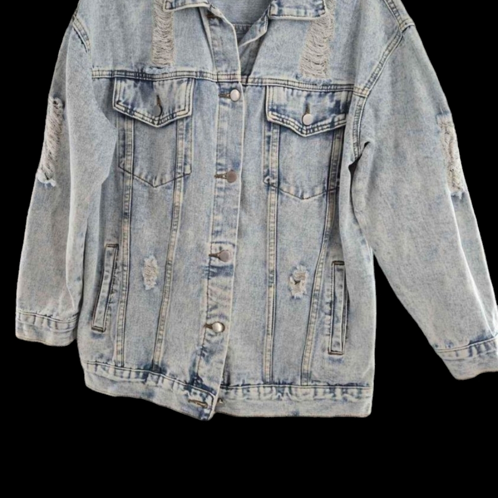 Men's Light Blue Shein Distressed Denim Jean/ Jeans Jacket Size Large
